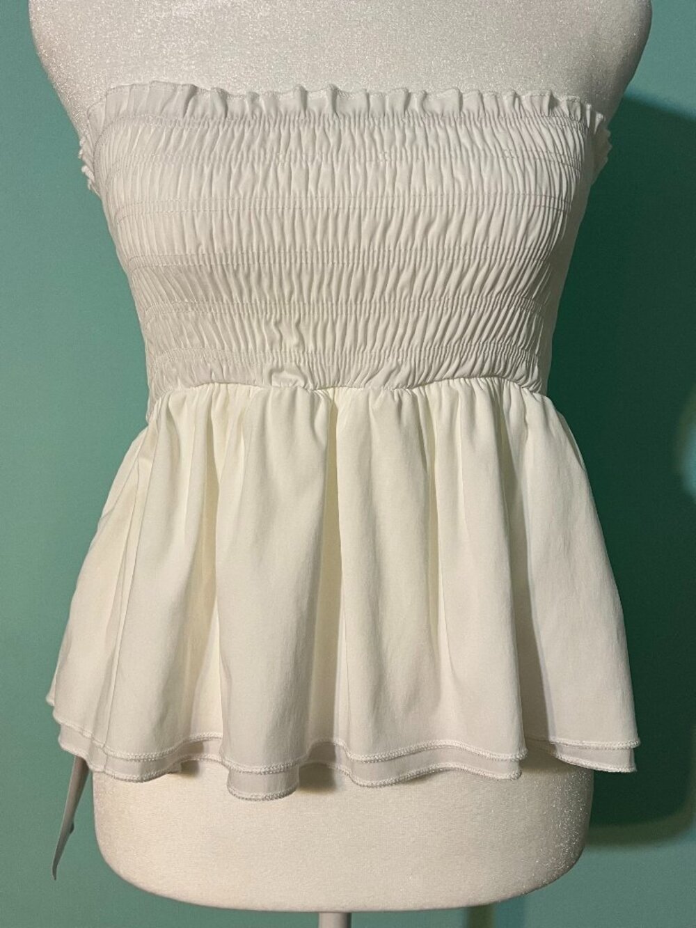 Ruched Ruffle Strapless Top Ivory White